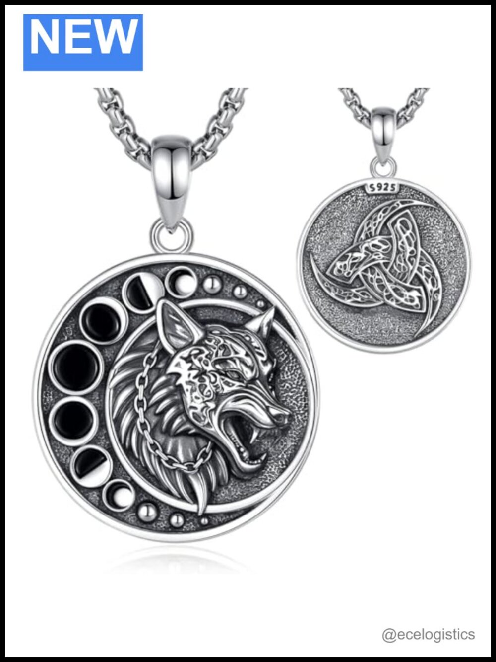 Sterling Silver Wolf Moon Phases Dragon Phoenix Pendant Necklace Norse Viking